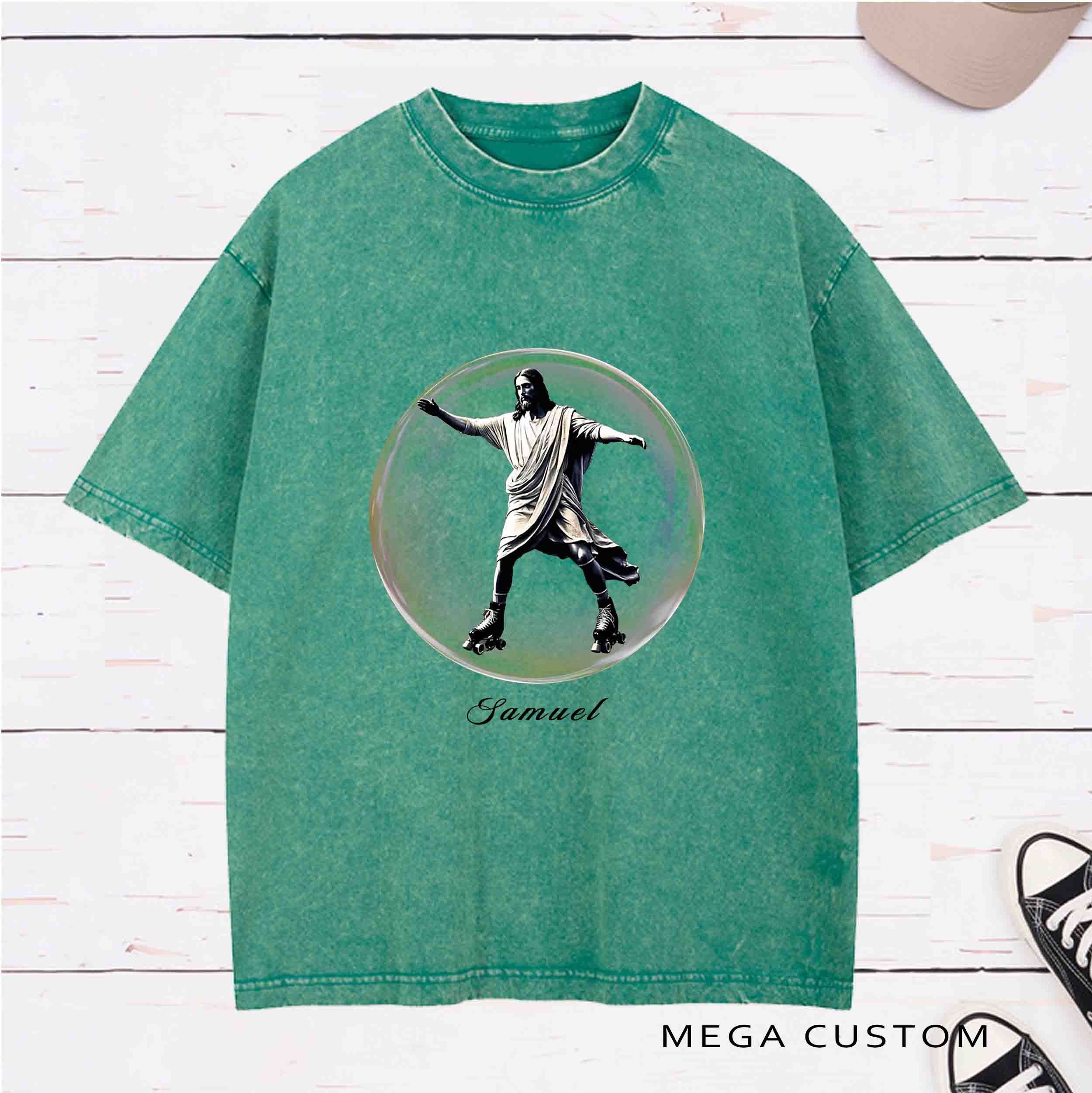 Personalized Character Jesus learning to rollerskate Washed T-Shirt with Name Birthday Easter Gift for Christian