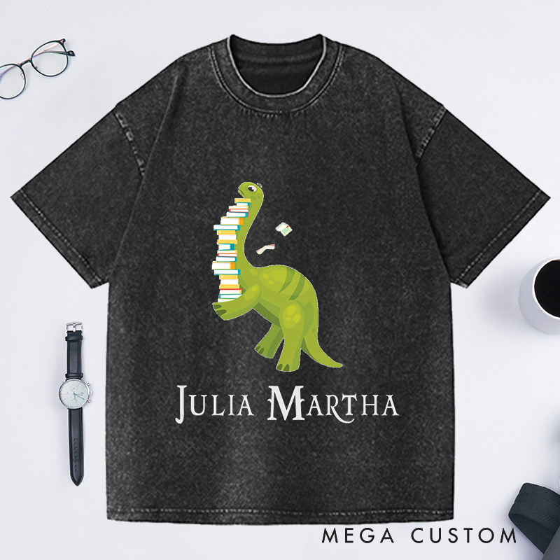 Personalized Dinosaur Reading Washed T-Shirts Book Lover Shirt Read T-Shirts Librarian Shirt Reader Reading Gift