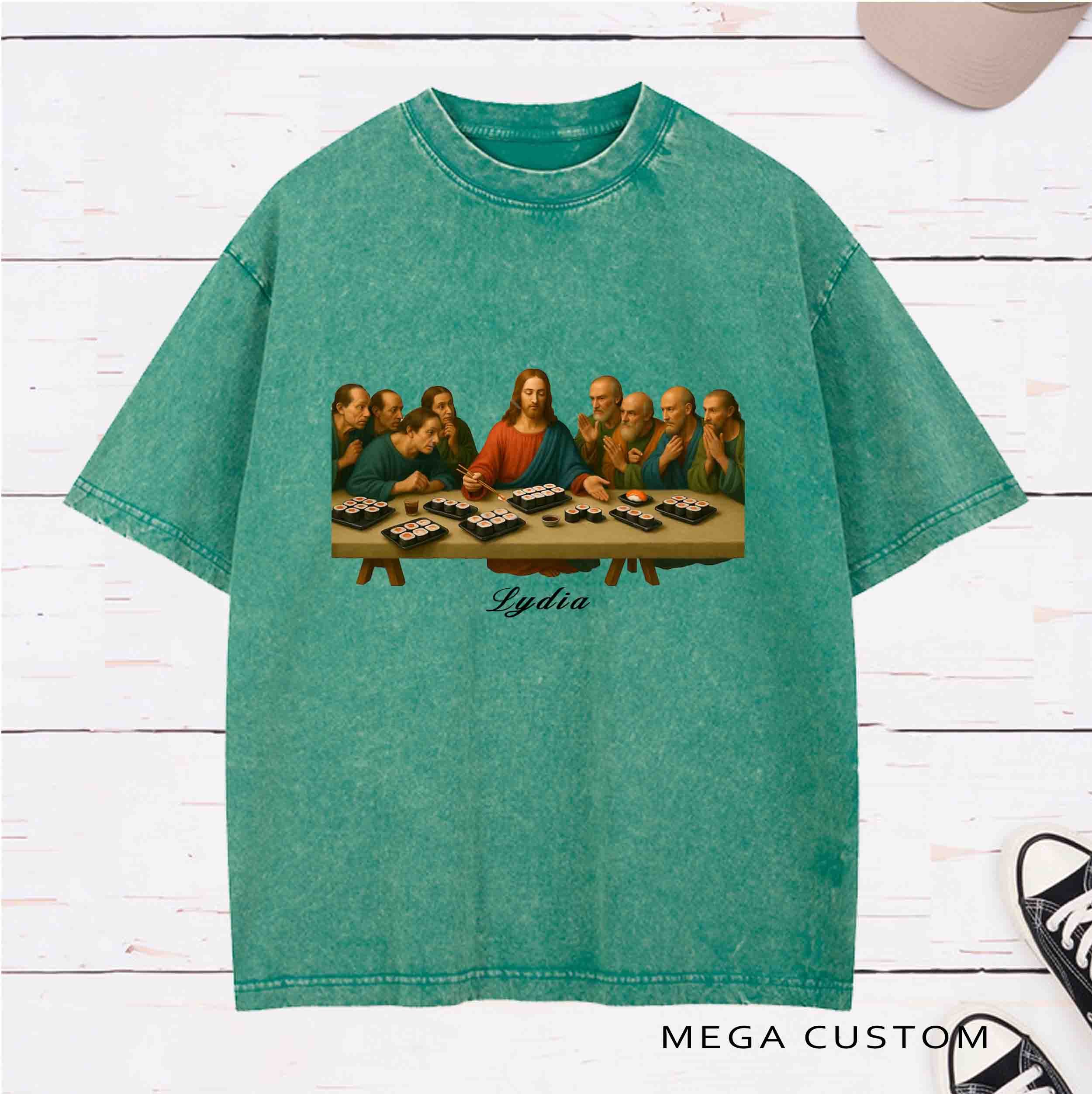 Personalized Character The Last Sushi Supper Washed T-Shirt with Name Birthday Easter Gift for Christian