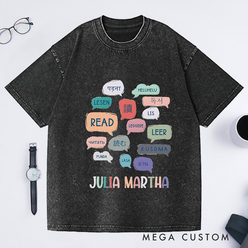 Personalized Reading World Languages Washed T-Shirts Library Professional Tee Book Lover Gift Reading Fans Shirt