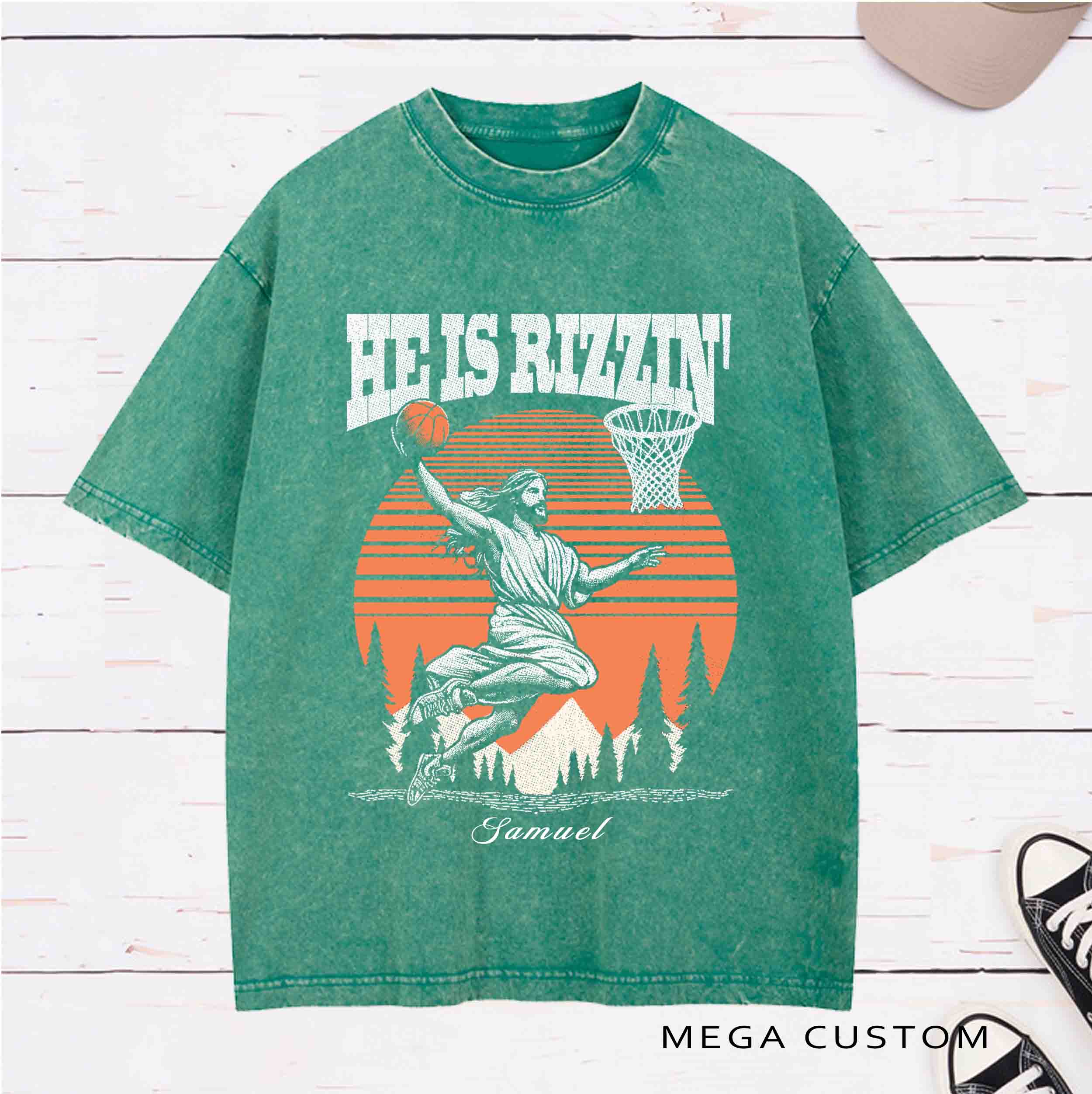 Personalized Character He Is Rizzen Jesus basketball Washed T-Shirt  with Name Birthday Easter Gift for Christian 