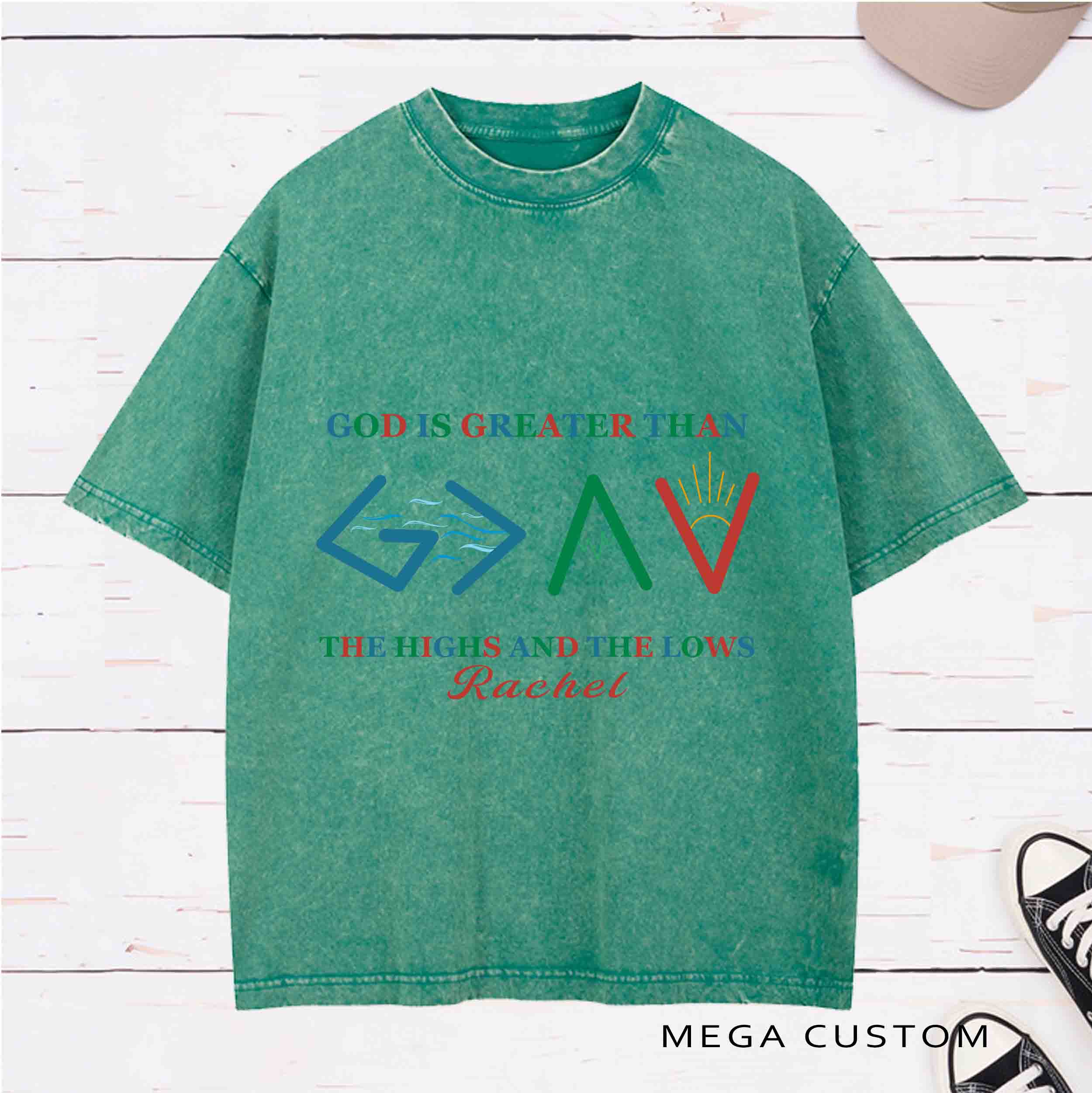 Personalized Character Bible Verse God Is Greater Than the Highs and The Lows Washed T-Shirt with Name Birthday Easter Gift for Christian