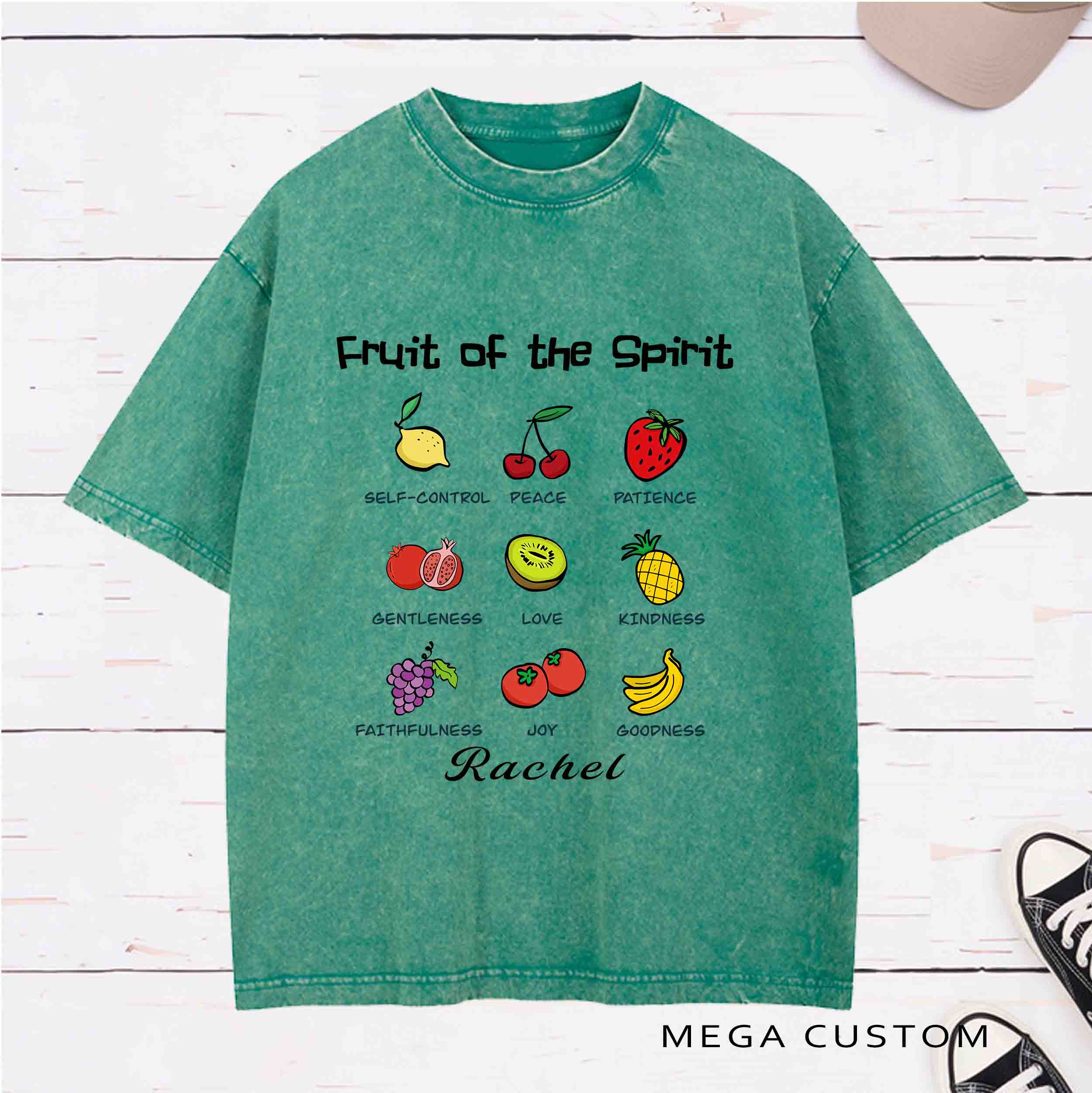 Personalized Character Fruit of the Spirit Washed T-Shirt with Name Birthday Easter Gift for Christian