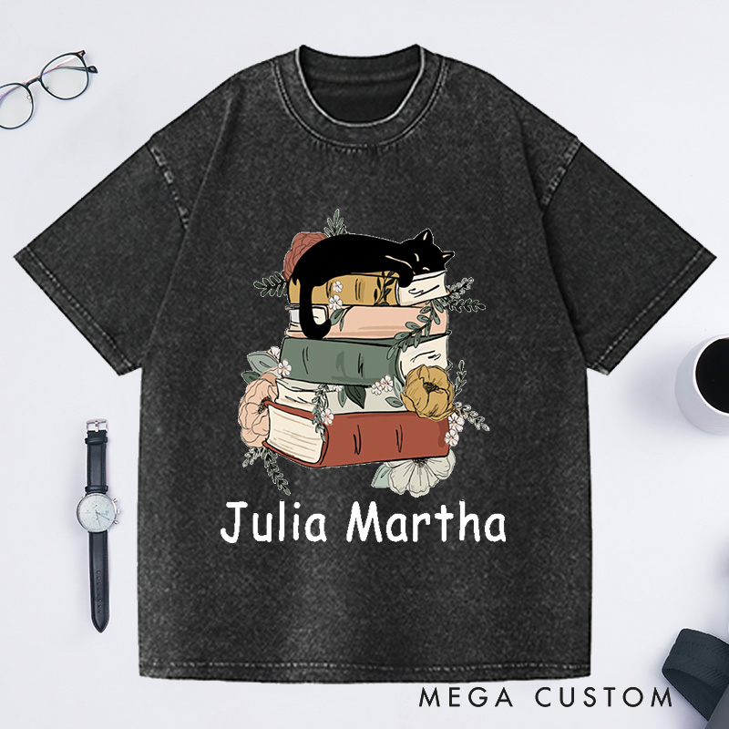 Personalized Books and Cats Washed T-Shirts Reading Shirt Cat Lover T-Shirt