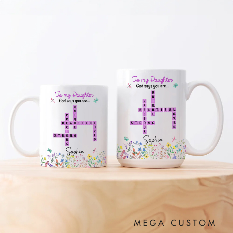 Personalized God Says You Are Crossword Art Ceramic Mug with Name Birthday Gift for Christian Positive Affirmation Religious Gift for Christian