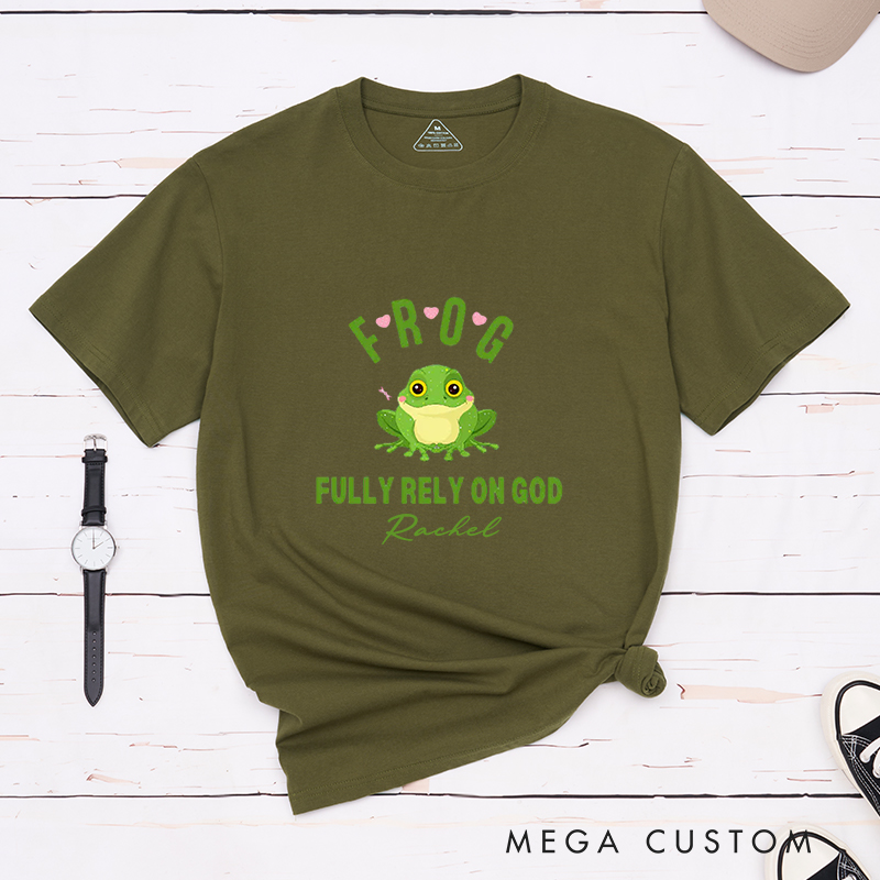 Personalized Frog Religious Fully Rely On God T-Shirt with Custom Name Christians Gift Birthday Gift Christian Apparel Gift for Jesus Lover 