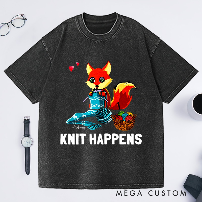 Personalized Knit Happens Washed T-Shirts Gifts for Knitting Lovers