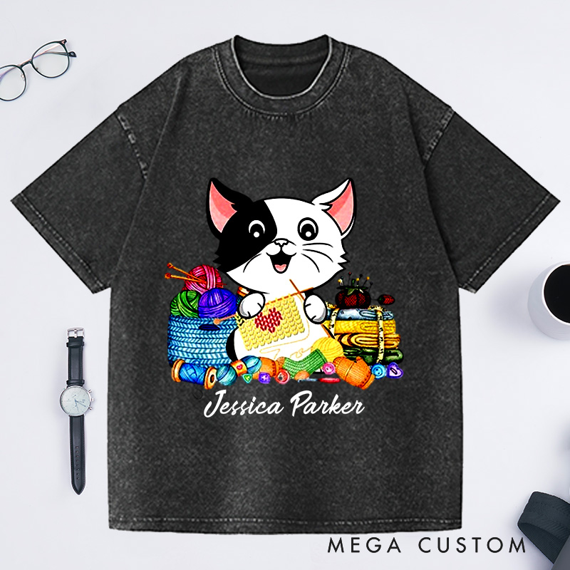 Personalized I Love Knitting And Cat Washed T-Shirts Knit Gift Knitting Gift Knitter Gift Love To Knit Love Knitting Knit Lover