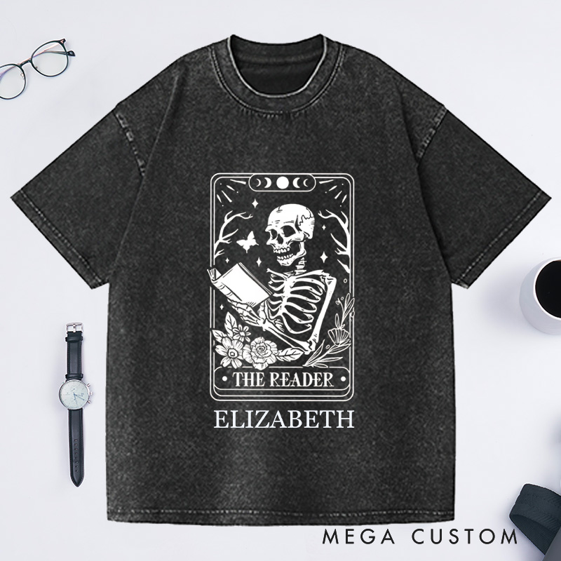 Personalized The Reader Tarot Card Front And Back Printing Washed T-Shirts Skeleton Reading T-shirt Book Lover Gift Book Lover Tee Tarot Card Shirt