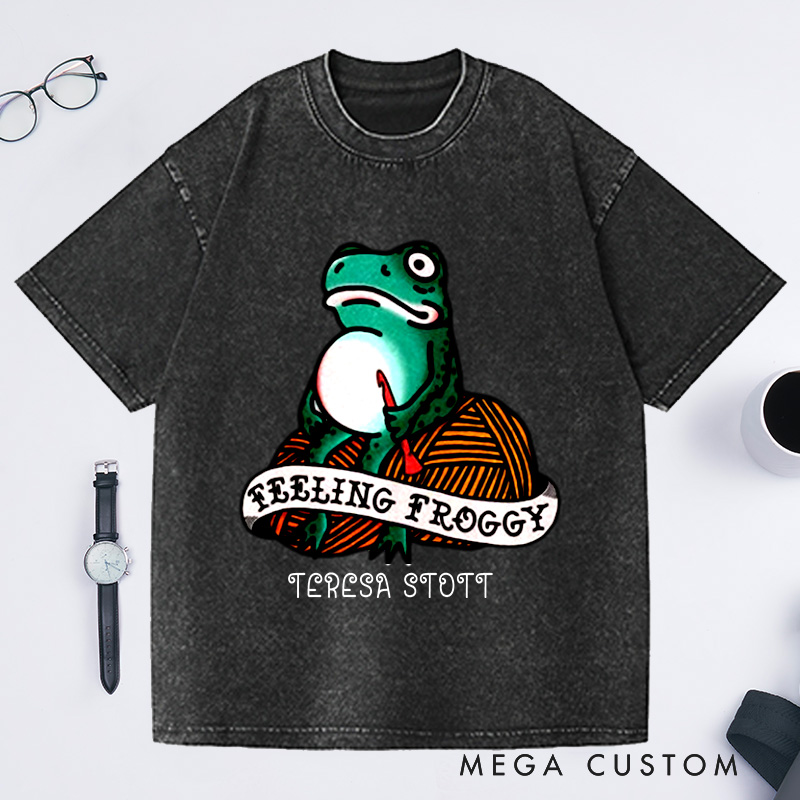 Personalized Feeling Froggy Crochet Bella Washed T-Shirts Short-sleeve unisex t-shirt Funny Gift for Crocheter Crochet Apparel