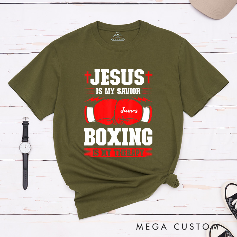 Personalized Jesus Is My Savior Boxing Is My Therapy Classic T-Shirt with Custom Name Inspirational Shirt Religious Birthday Gift for Christians