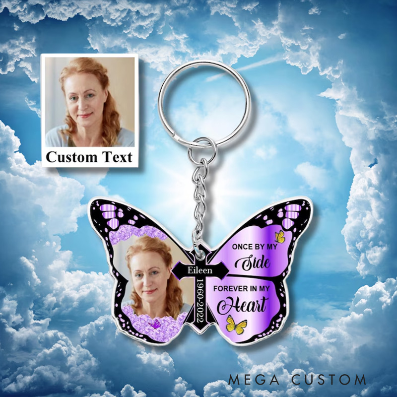 Personalized Photo Memorial Keychain Butterfly Keychain Once By My Side Forever in My Heart Cross Keychain Memorial Gift for Loss of Loved One 