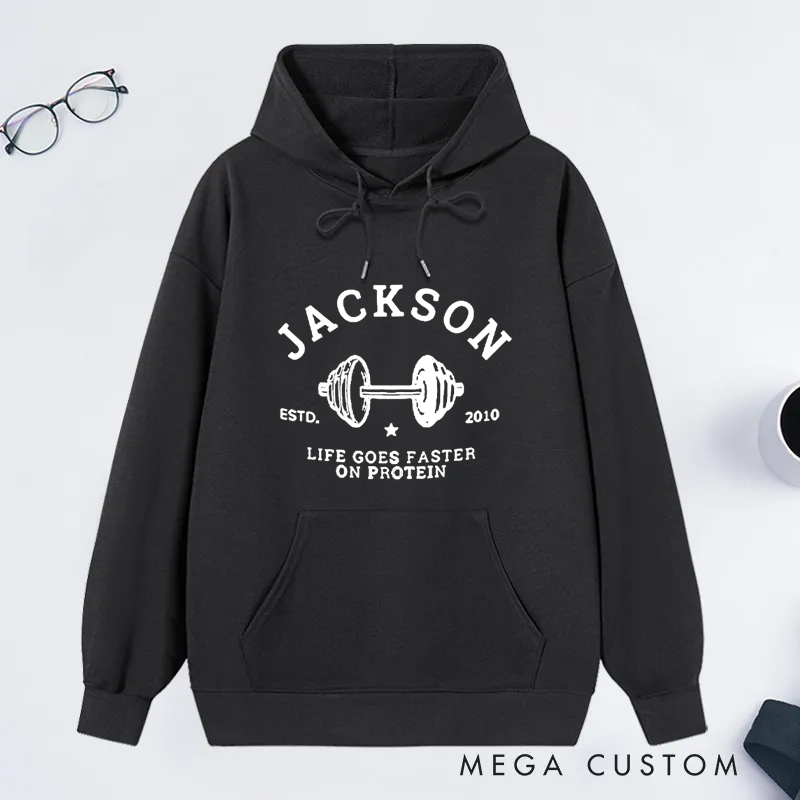 Personalized Fiitness Classic Hoodies with Dumbbell and Protein Quote for Fitness Enthusiasts Bodybuilders and Gym Lovers