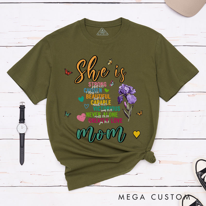 Personalized Bible Verse She Is Strong Butterfly Birth Flower Classic T-Shirt with Nickname Mother's Day Birthday Gift for Women