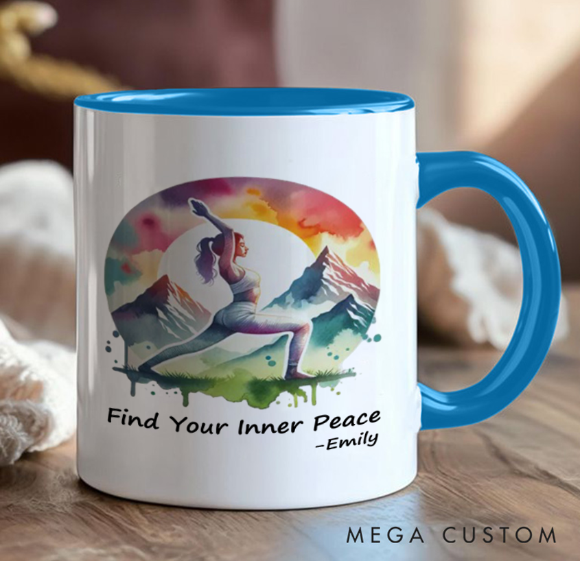 Personalized Yoga Mug with Nature Scene Artistic Design Custom Name Perfect Gift for Yoga Lover