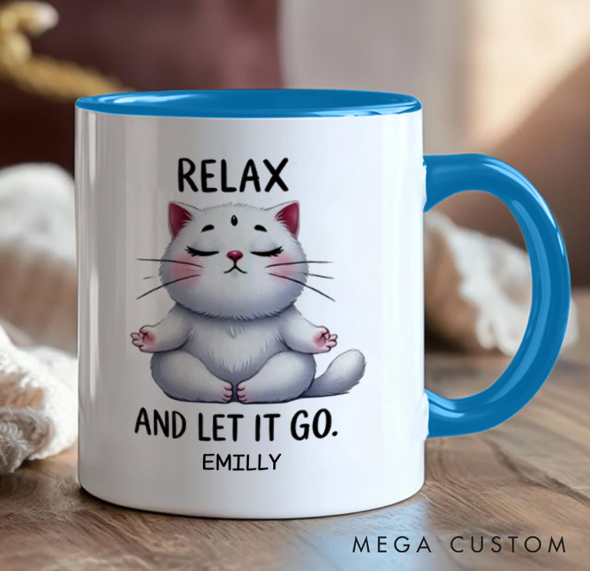 Personalized Cat Mug with Relaxing Meditation Design Custom Name Perfect Gift for Yoga Lover and Cat Lover
