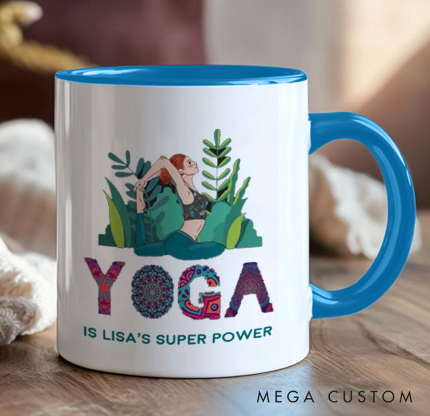 Personalized Yoga Mug with Vibrant Yoga Poses and Natural Elements Custom Name Perfect Gift for Yoga Lover