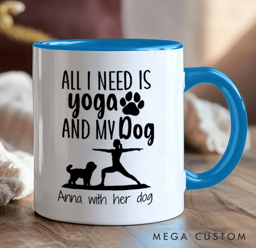 Personalized Yoga Mug with Yoga Pose Silhouettes and Cute Dog Patterns Custom Name Perfect Gift for Yoga Lover and Pet Lover