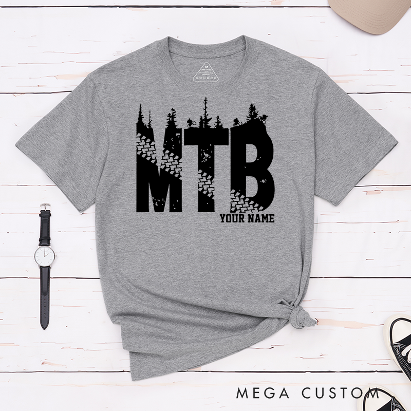 Personalized MTB Trail T-Shirt with Forest Silhouettes and Tire Tracks for Outdoor Adventures Riding Cycling Biking Enthusiasts