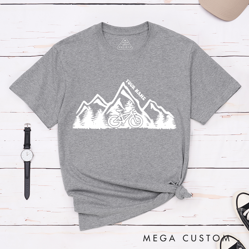 Personalized Mountain Adventure Cycling T-Shirt with a Cyclist Silhouette for Outdoor Adventures Riding Cycling Biking Enthusiasts