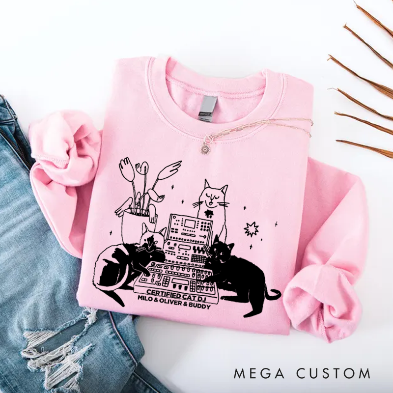 Personalized Classic Sweatshirts with Cat Sitting on Synthesizer and DJ Cat Illustration and Available in Multiple Colors