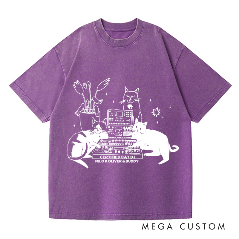 Personalized Washed T-Shirts with Cat Sitting on Synthesizer and DJ Cat Illustration and Available in Multiple Colors