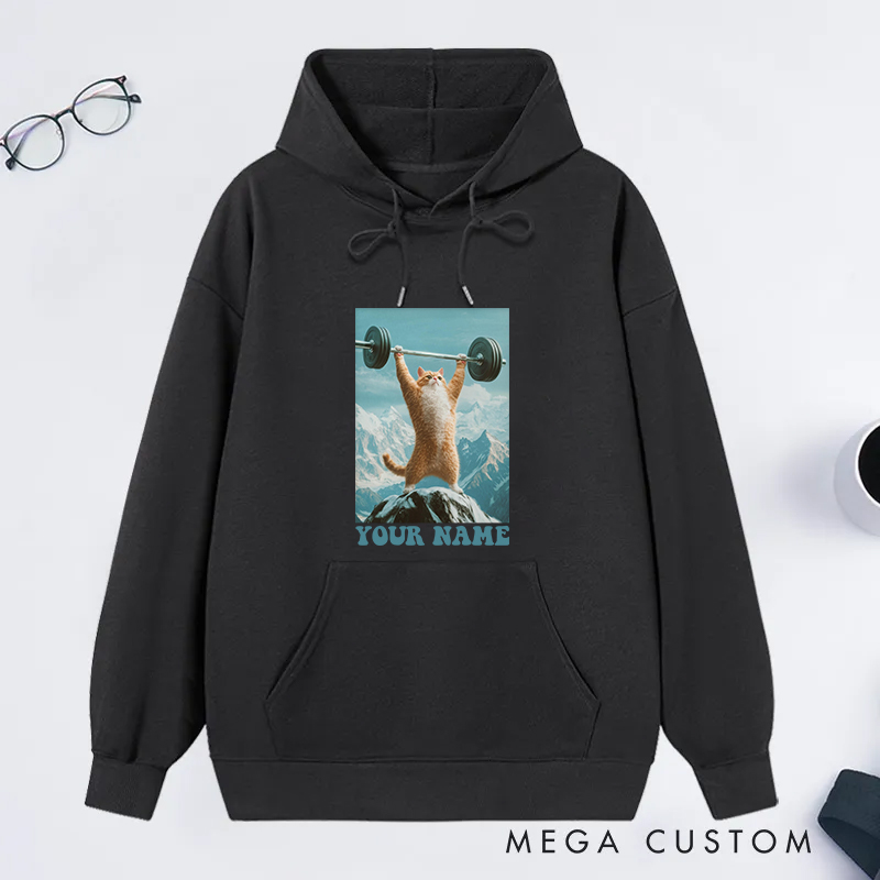 Personalized Fitness Classic Hoodies with Motivational Cat Lifting Barbell Design for Fitness Enthusiasts Bodybuilders and Gym Lovers