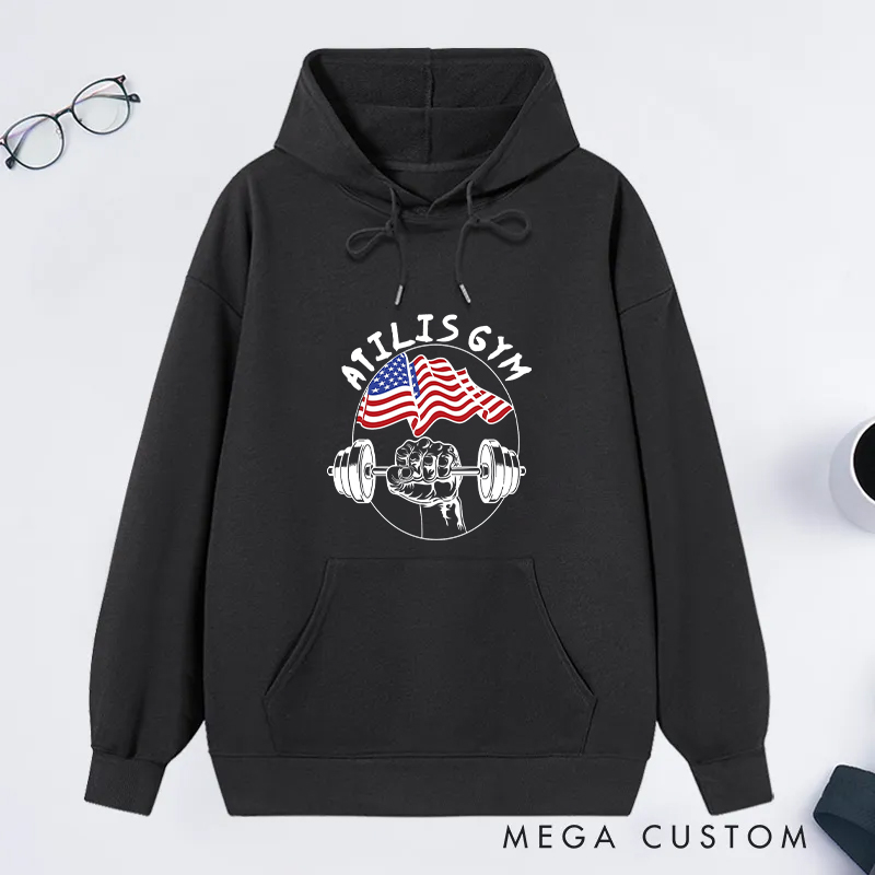 Personalized Fitness Classic Hoodies with American Flag and Barbell for Fitness Enthusiasts Bodybuilders and Gym Lovers
