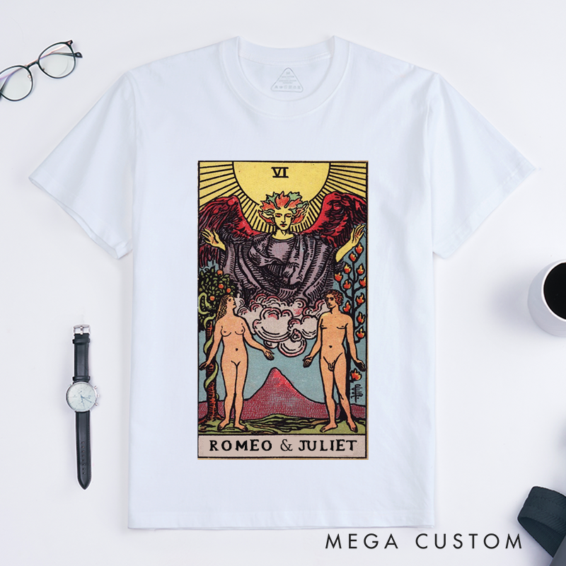Personalized Lovers Tarot Card Classic T Shirts Custom Name Unique Art Unisex Gift for Couples Friendship Anniversary Birthday Spiritual Fashion