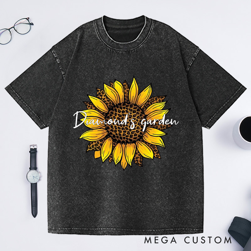 Personalized Leopard Sunflower Washed T-Shirts Sunflower Shirt Leopard And Floral Shirt Flower Shirt Botanical Print Shirt