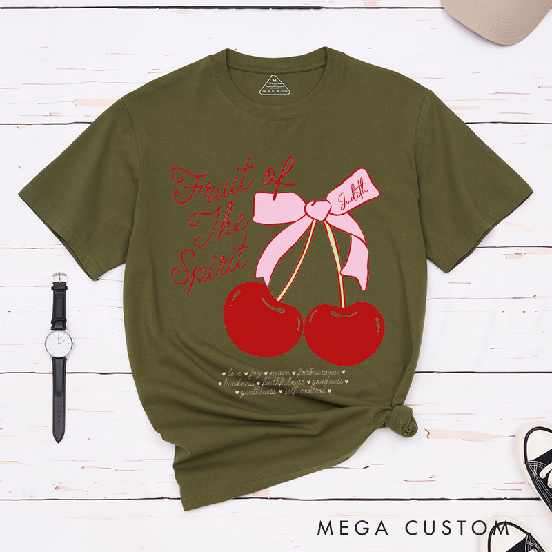 Personalized Fruit of the Spirit Cotton T-Shirt with Name Fun Doodle Cherry Bow Shirt Christian Bible Verse Unisex Classic T-Shirt Christian Gift