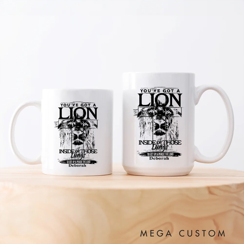 Personalized Lion Imagery Ceramic Mug with Name Birthday Religious Inspirational Gift for Christian Best Gift for Jesus Lover 