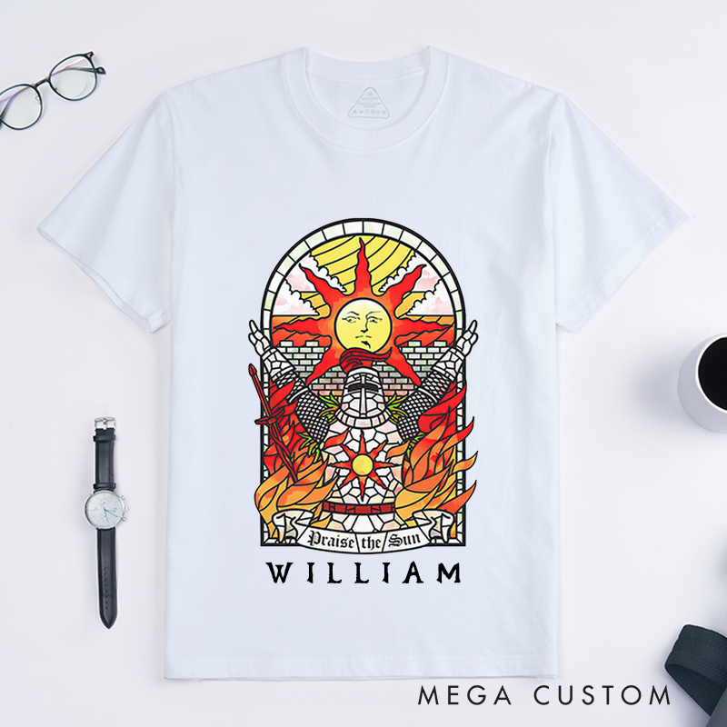 Personalized Tarot Lovers Classic T-Shirts Praise the Sun Medieval Knight Stained Glass Art T-Shirt Custom Fire Design Gift for Fans of Fantasy and Adventure