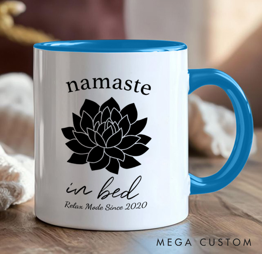 Personalized Namaste in Bed Mug with Elegant Lotus Design Custom Name Perfect Gift for Yoga Lover