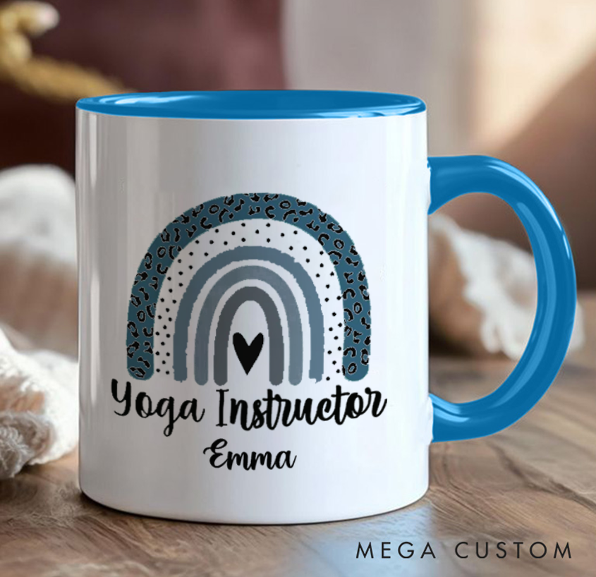 Personalized Yoga Instructor Mug with Hand-Drawn Rainbow Design Custom Name Perfect Gift for Yoga Lover