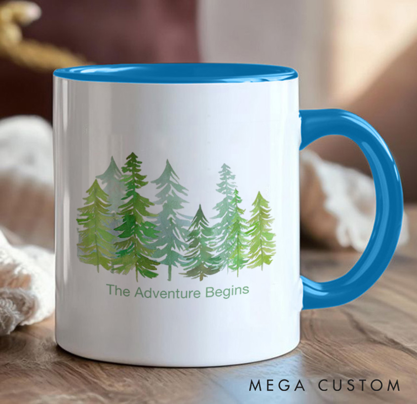 Personalized the Adventure Begins Mug Forest Camping Rustic Mountain Mug Gift for Travel Hiking Outdoors Lovers