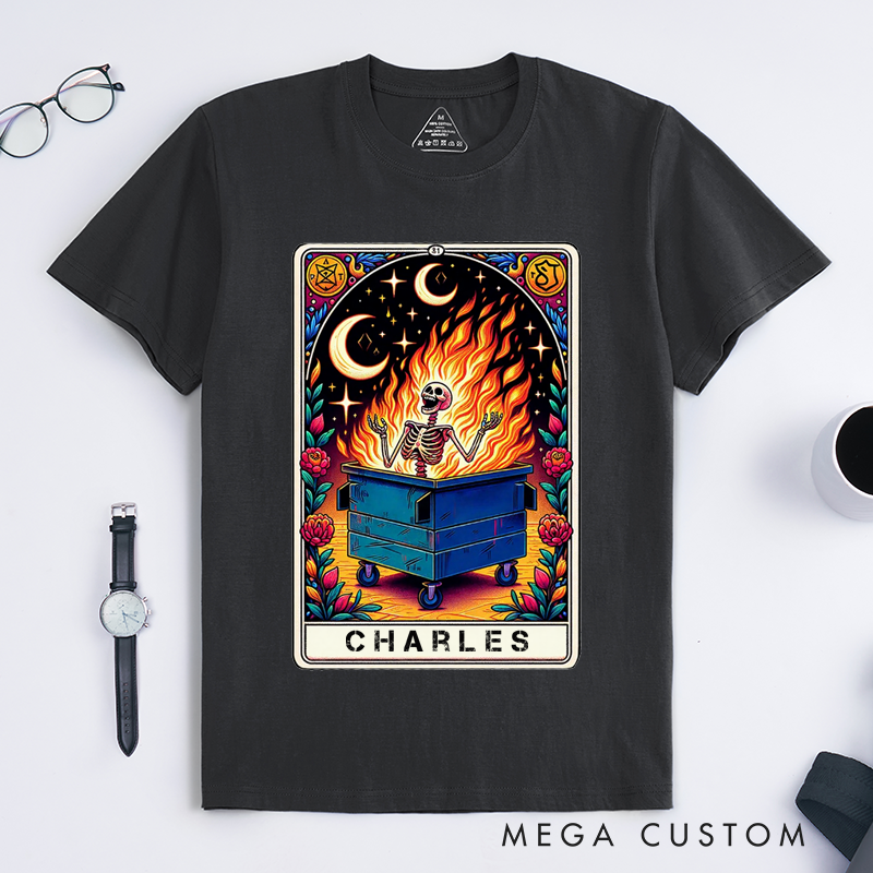 Personalized Tarot Lovers Classic T-Shirts Custom Name Dumpster Fire Skeleton Emotional Gift for Magic Lover Present