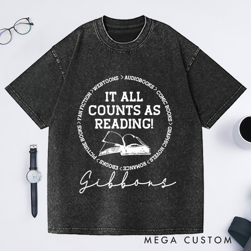 Personalized It All Counts As Reading Washed T-Shirts Book Lovers Shirt