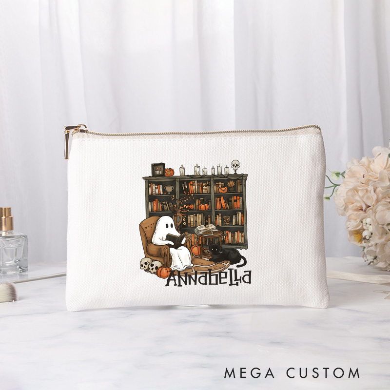 Personalized Retro Ghost Reading Books Cosmetic & Toiletry Storage Book Lover Cosmetic Bag Makeup Bag with Name Halloween Gift Librarian Gift Reading Gift