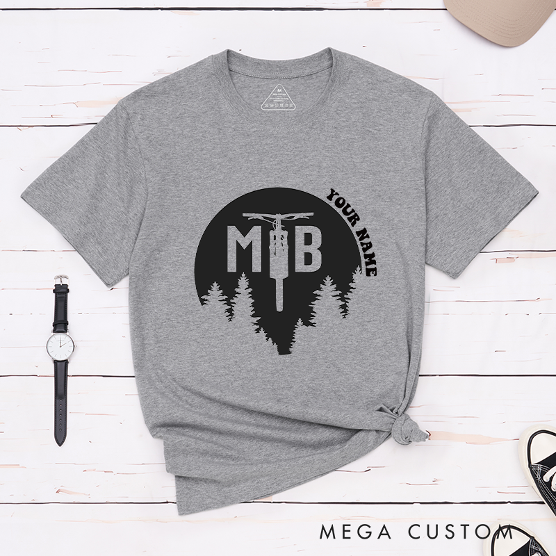 Personalized MTB Forest T-Shirt with Forest Silhouettes and a Fork Graphic for Outdoor Adventures Riding Cycling Biking Enthusiasts