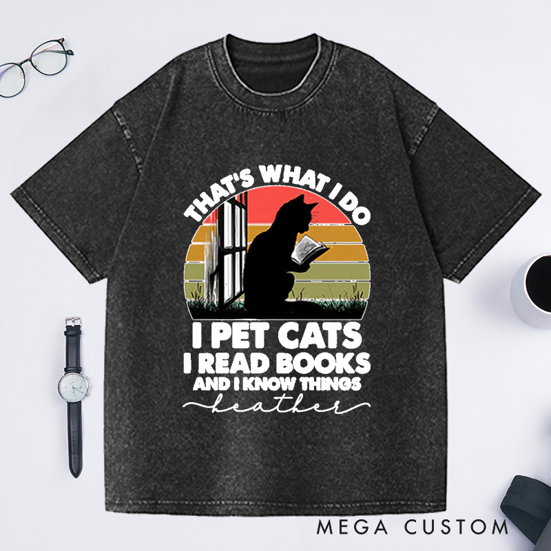 Personalized Cat and Book Washed T-Shirts Book Lover Shirt Cat Book Shirt Cat Lover Shirt Reading Shirts Bookworm Gifts