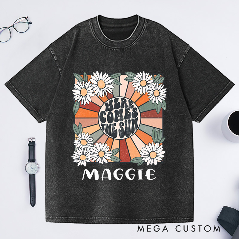 Personalized Here Comes the Sun Washed T-Shirts for Women Travel Beach Vacation Shirt Sunshine Shirt Beatles Retro Shirt Motivational Shirt Gift for Her