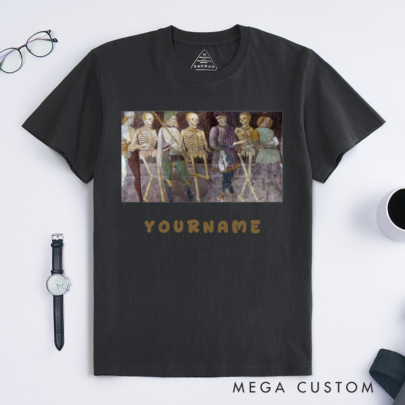Personalized Medieval Dance of Death Skeleton Art T-Shirts Unique Gothic Renaissance Unisex Gift for Dance Lovers Macabre Aesthetic Custom Halloween Apparel