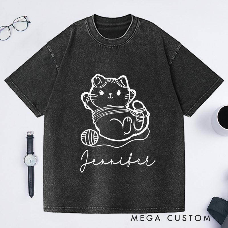 Personalized Cat and Yarn Knit Washed T-Shirts Knitting Gift Knitter Gift Love to Knit Love Knitting Knit Lover