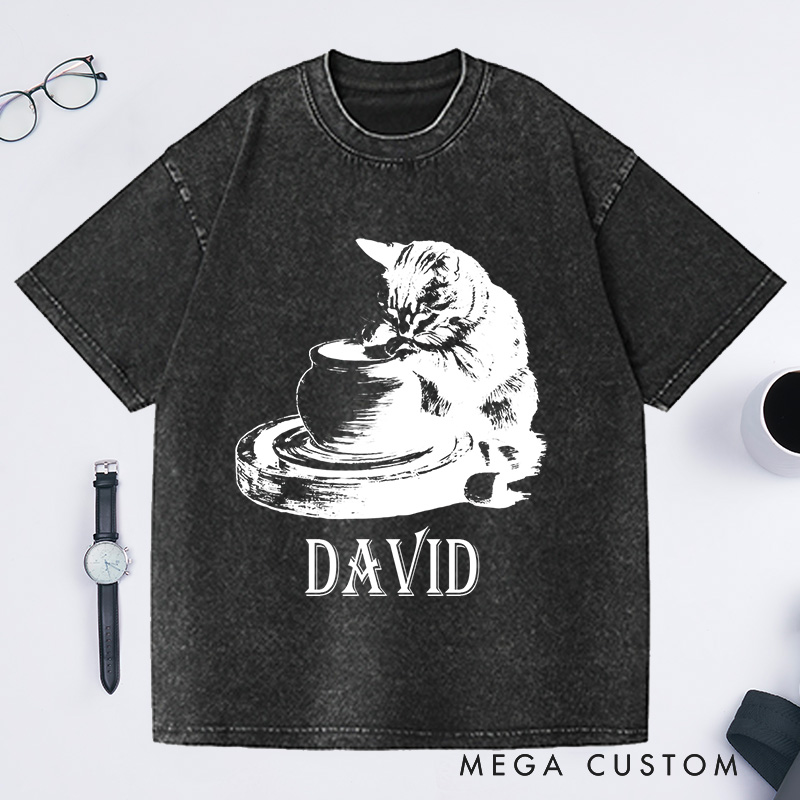 Personalized Cat Pottery Washed T-Shirts Pottery Lover T-Shirt Funny Cat Woman Shirt Weird Animals Shirts Vintage 90s Tattoo Graphic Tee