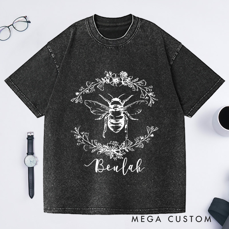 Personalized Bee Botanical Washed T-Shirts Ladies Shirt Screenprint Gift for Her