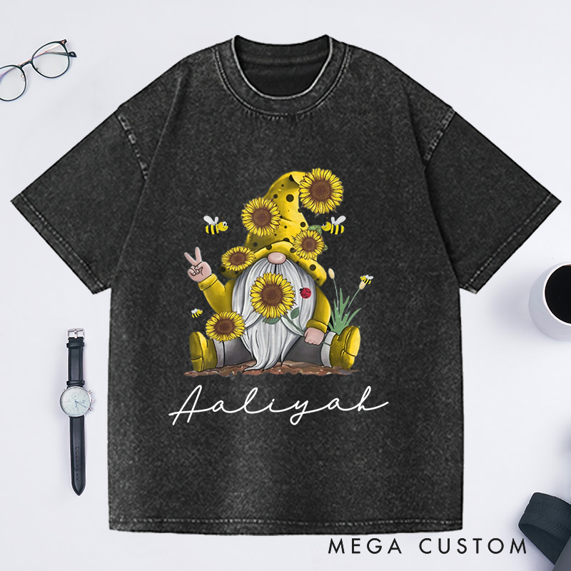 Personalized Sunflower Gnome Washed T-Shirts Bee Gnome Shirt Gnome Peace Sign Shirt Funny Gnome Shirt Spring Gnome Tee Cute Bee Gnome Shirt