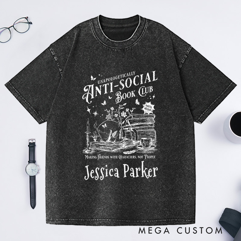 Personalized Anti-social Book Club Comfort Colors Washed T-Shirts for Introverted Romance Reader Vintage Distressed Reading T-shirt Bookish for Book Lover Gift