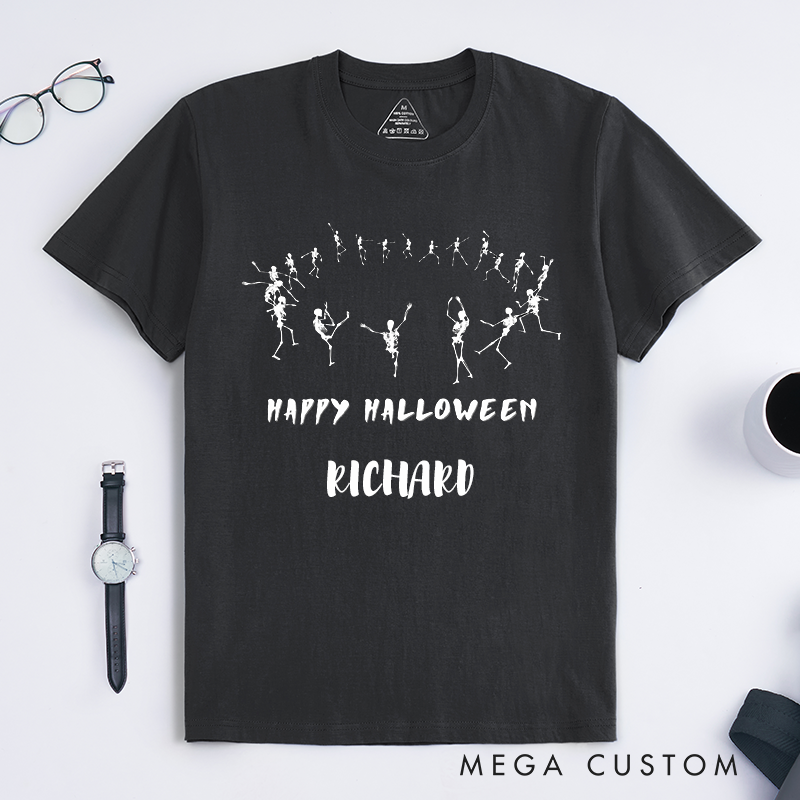 Personalized Dancing Skeletons Halloween T-Shirts Unique Spooky Skeleton Dance Custom Name Happy Halloween Gift for Men Friends Family