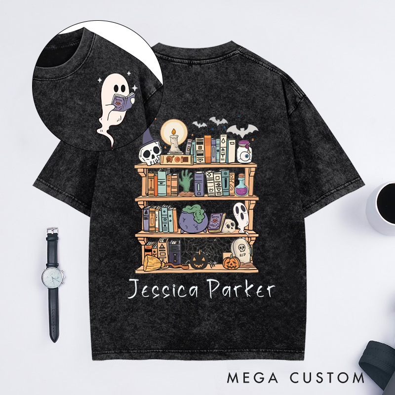 Personalized Ghost Book Reader Washed T-Shirts Halloween Library Shirt Halloween Reading Tee Book Lover Gift Skeleton Book Club Reading Shirts